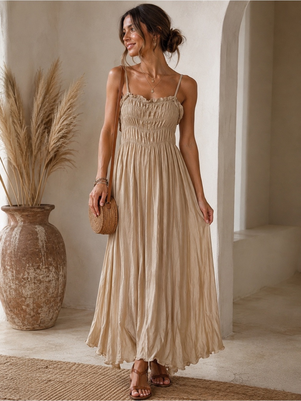 Boutique Listicle Creamy Beige Smocked Maxi Dress with Spaghetti Straps Size L